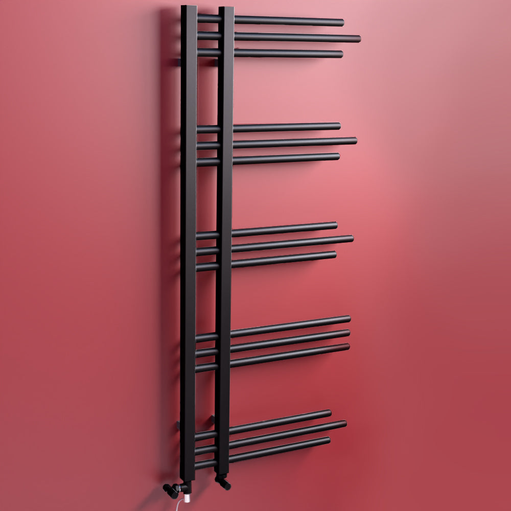 Dual Fuel 500 x 1200mm Straight Matt Black Designer Heated Towel Rail Radiator- Valves Electric Heating Kit)