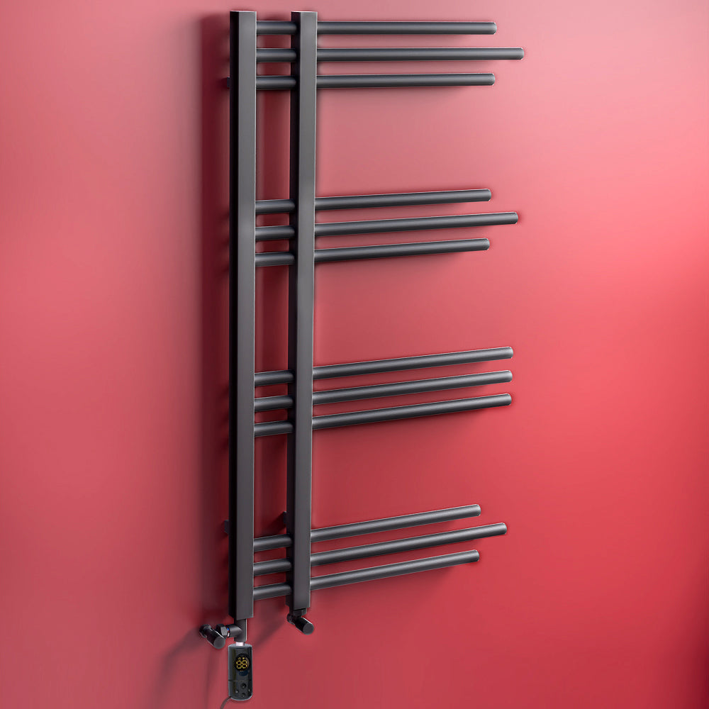 Dual Fuel 500 x 900mm Straight Matt Black Designer Heated Towel Rail Radiator- (incl. Valves + Electric Heating Kit)