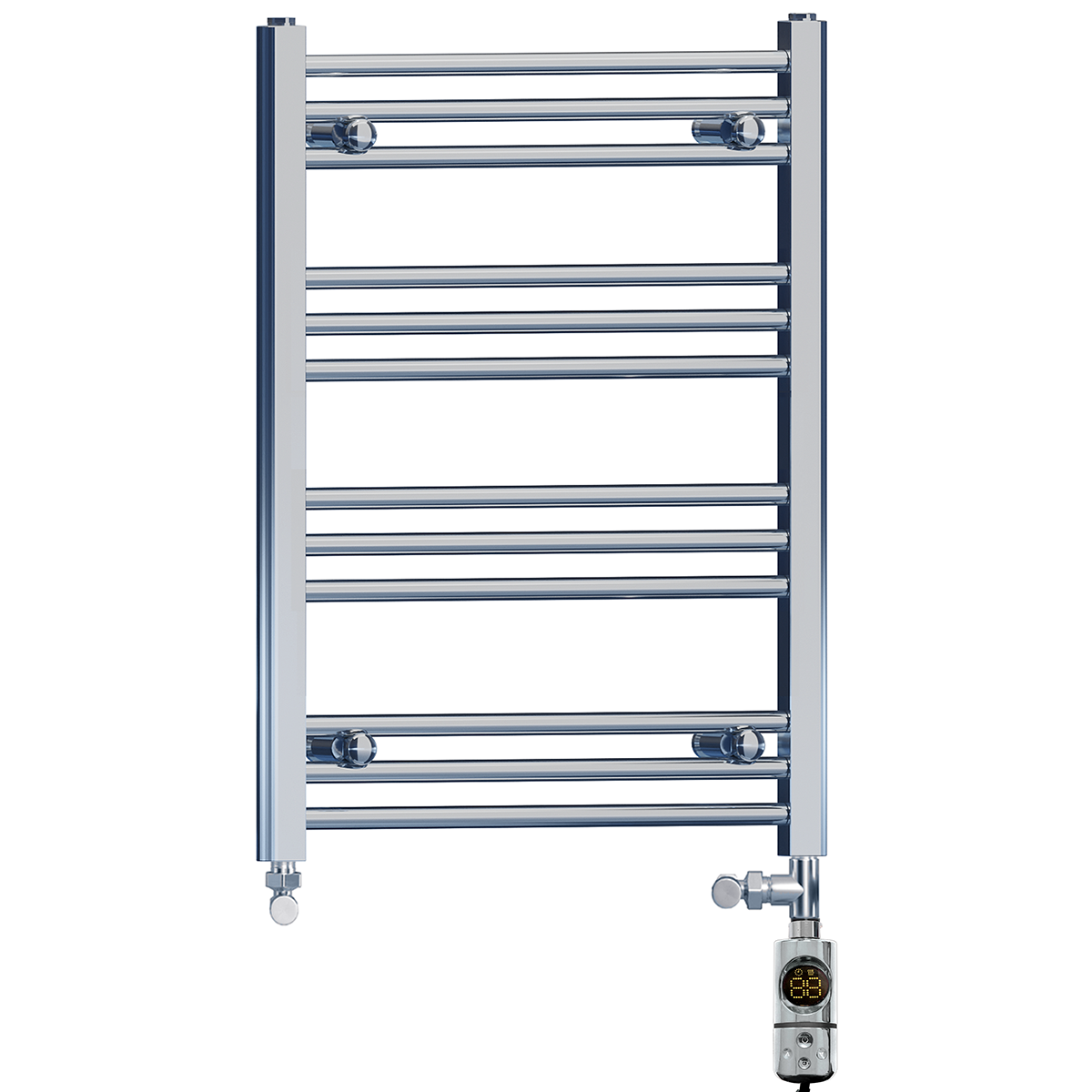 Dual Fuel 400 x 700mm High Flat Chrome Heated Towel Rail Radiator Stock Clearance - (incl. Valves + Electric Heating Kit)