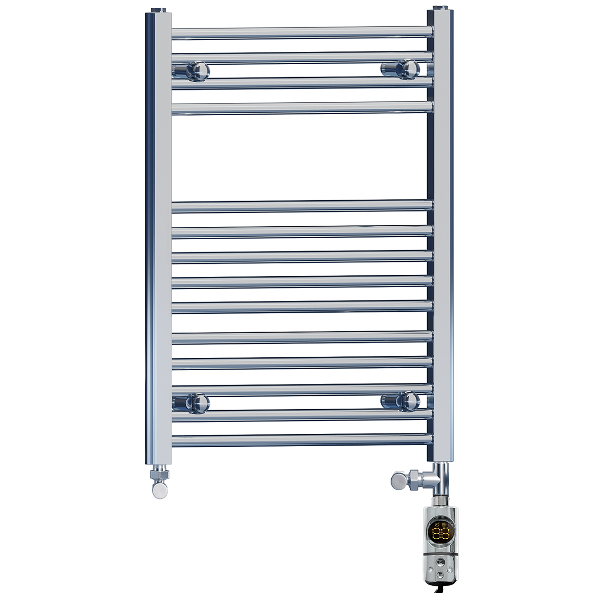 Dual Fuel 500 x 750mm High Flat Chrome Heated Towel Rail Radiator Stock Clearance - (incl. Valves + Electric Heating Kit)