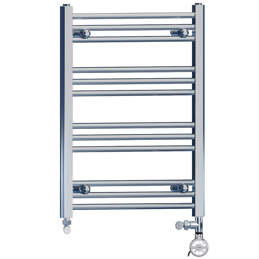 Dual Fuel 400 x 700mm High Flat Chrome Heated Towel Rail Radiator Stock Clearance - (incl. Valves + Electric Heating Kit)