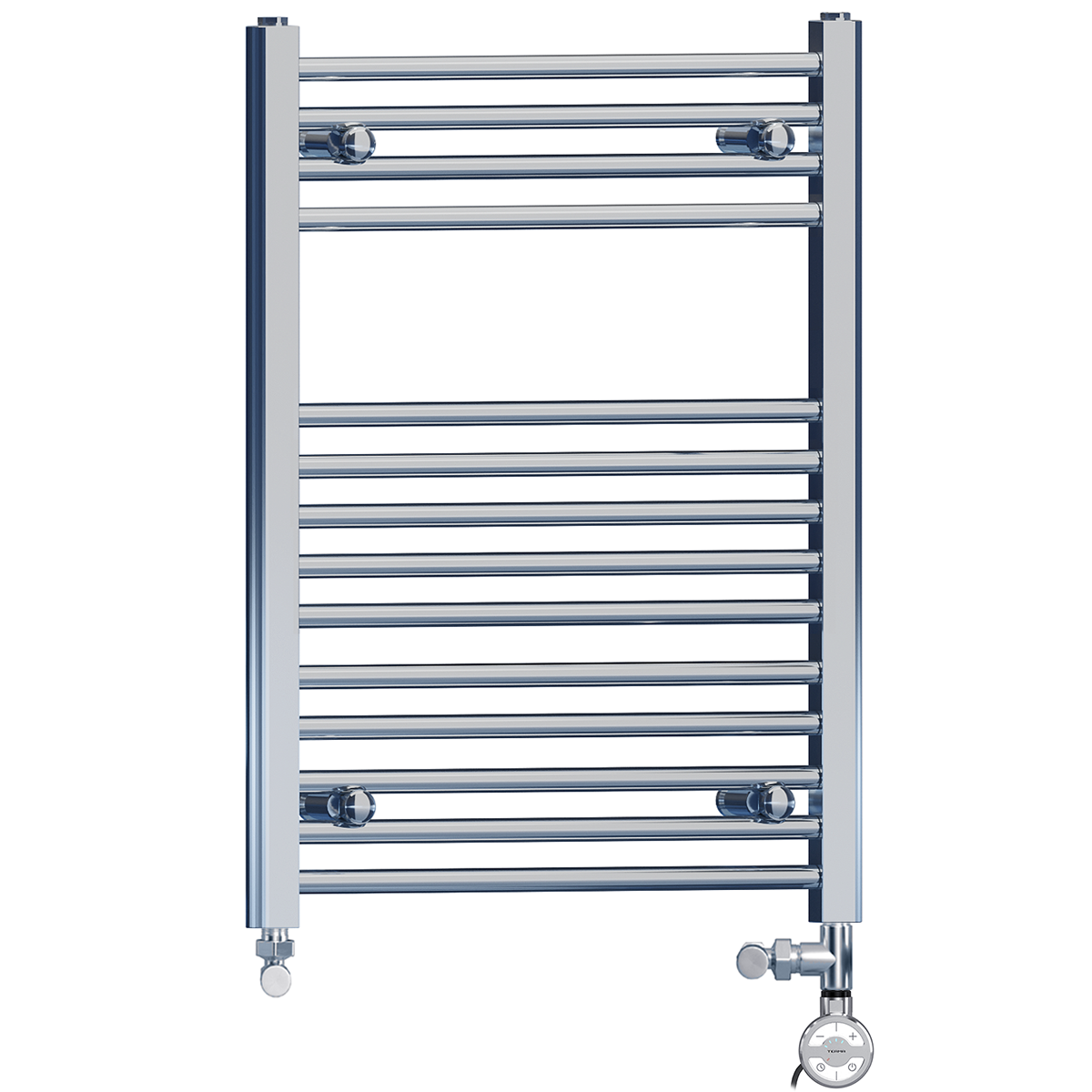 Dual Fuel 500 x 750mm High Flat Chrome Heated Towel Rail Radiator Stock Clearance - (incl. Valves + Electric Heating Kit)