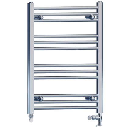 Dual Fuel 400 x 700mm High Flat Chrome Heated Towel Rail Radiator Stock Clearance - (incl. Valves + Electric Heating Kit)