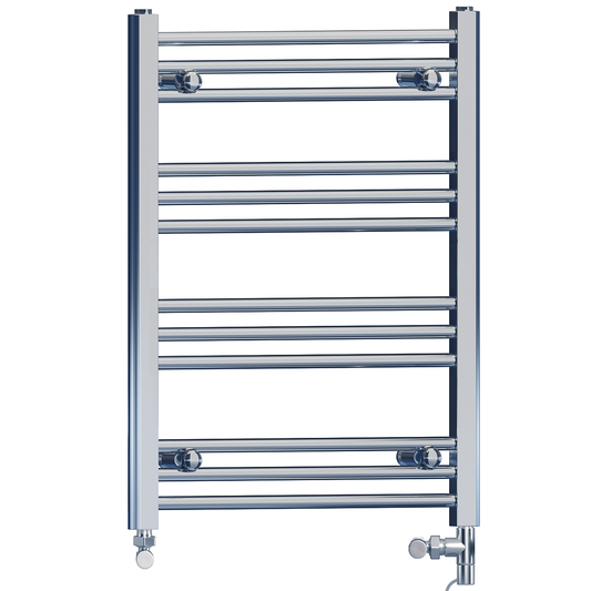 Dual Fuel 400 x 700mm High Flat Chrome Heated Towel Rail Radiator Stock Clearance - (incl. Valves + Electric Heating Kit)