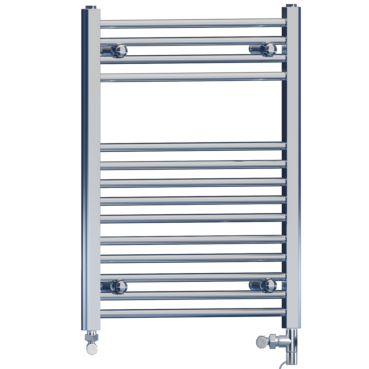 Dual Fuel 500 x 750mm High Flat Chrome Heated Towel Rail Radiator Stock Clearance - (incl. Valves + Electric Heating Kit)