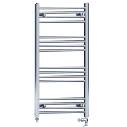 Dual Fuel 550 x 1000mm High Flat Chrome Heated Towel Rail Radiator Stock Clearance - (incl. Valves + Electric Heating Kit)