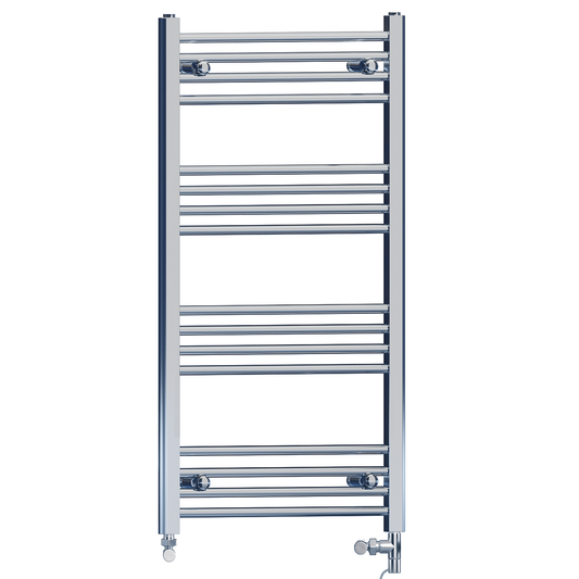 Dual Fuel 550 x 1000mm High Flat Chrome Heated Towel Rail Radiator Stock Clearance - (incl. Valves + Electric Heating Kit)