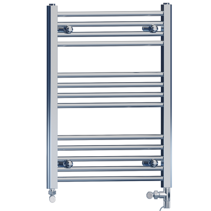 Dual Fuel 600 x 700mm High Flat Chrome Heated Towel Rail Radiator Stock Clearance - (incl. Valves + Electric Heating Kit)