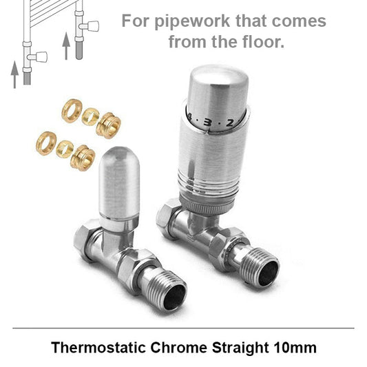 10mm Modern Chrome Straight Thermostatic Radiator Valves (Pair)