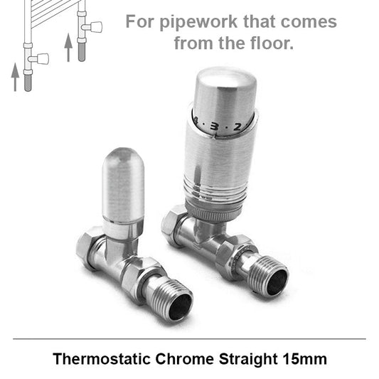 15mm Modern Chrome Straight Thermostatic Radiator Valves (Pair)