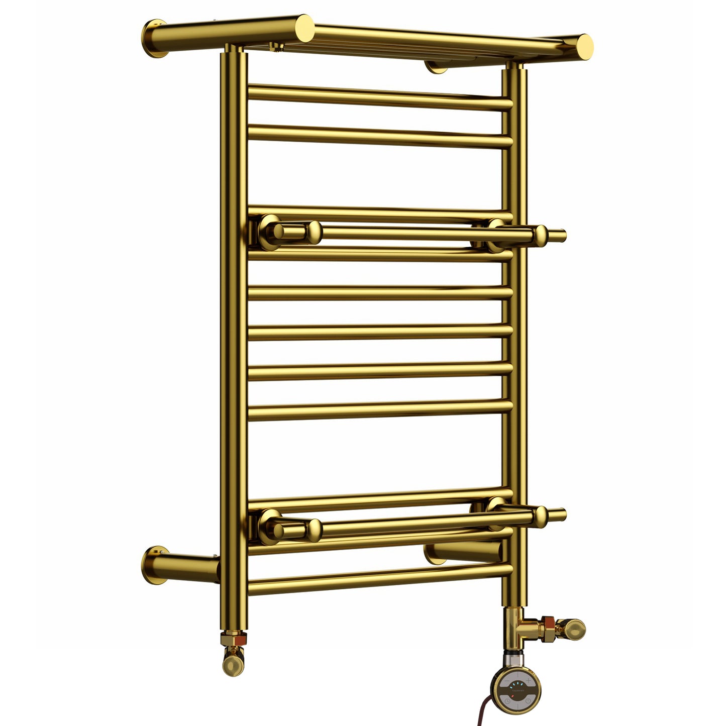 490mm Wide  x 680mm High Dual Fuel Gold Towel Radiator Top Shelf & Two Towel Holder OSLO