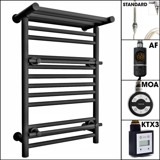490mm Black Electric Towel Rail - Oslo (Top Shelf + 2 Towel Holders)