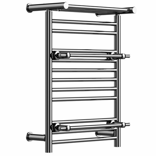 490mm Chrome Heated Towel Rail - Oslo (Top Shelf + 2 Towel Holders)
