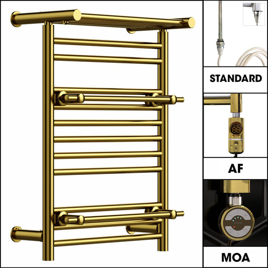 490mm Gold Electric Towel Rail - Oslo (Top Shelf + 2 Towel Holders)