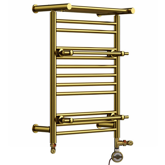 490mm Gold Dual Fuel Towel Rail - Oslo (Top Shelf + 2 Towel Holders)