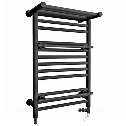  490mm Black Dual Fuel Towel Rail - Oslo (Top Shelf + 2 Towel Holders) 