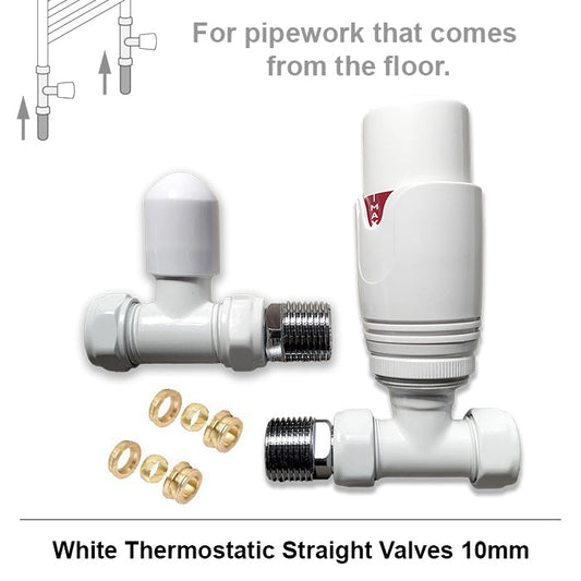 10mm Modern White Straight Thermostatic Radiator Valves (Pair)