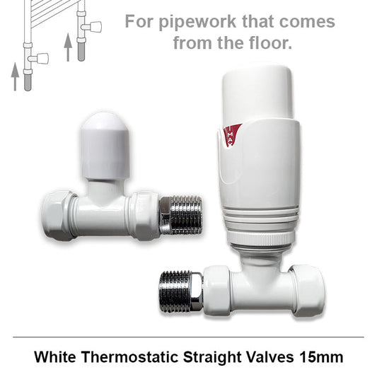 15mm Modern White Straight Thermostatic Radiator Valves (Pair)