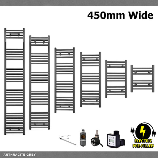 450mm Wide - Electric Heated Towel Rail Radiator - Anthracite Grey - Straight