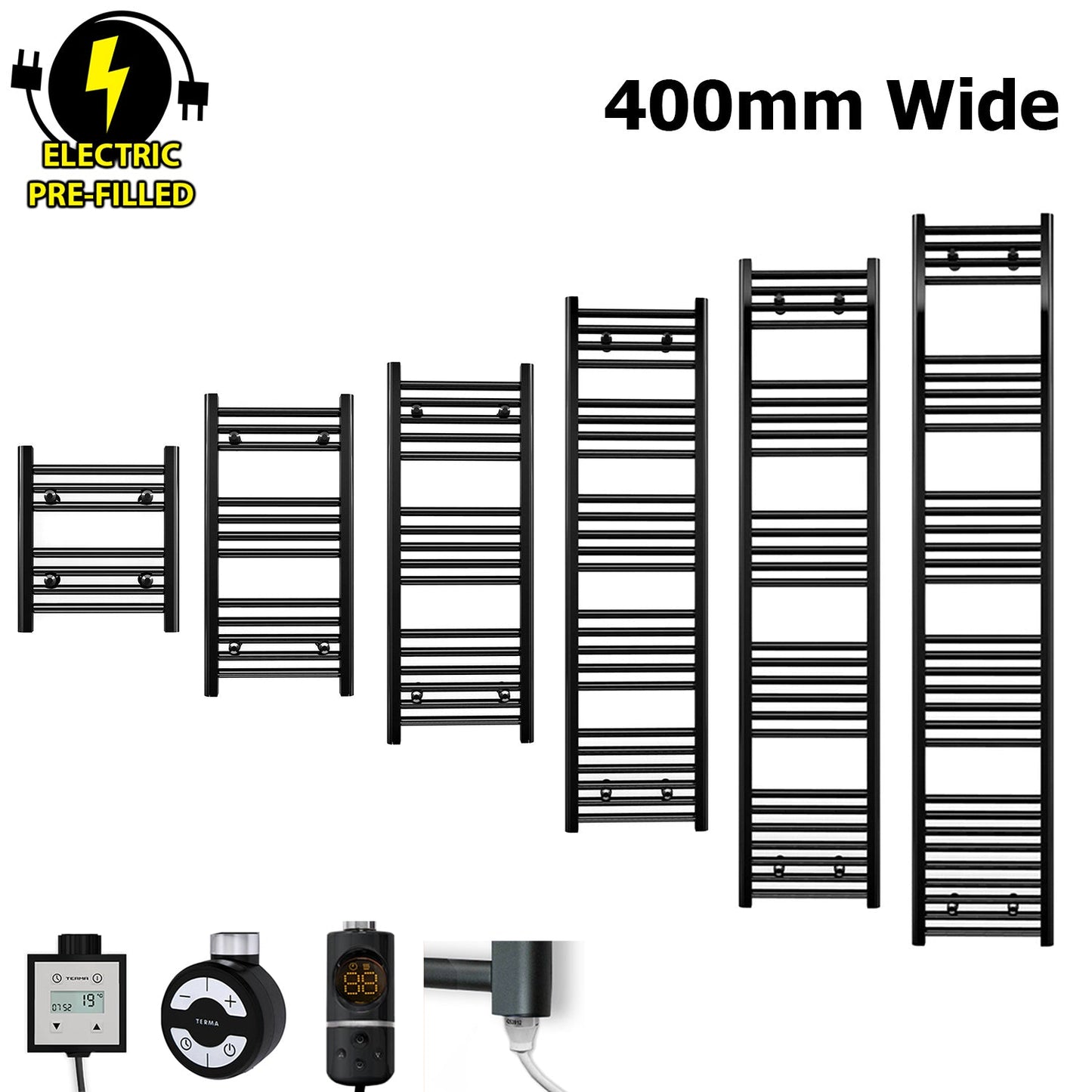 400mm Wide - Electric Heated Towel Rail Radiator - Flat Black - Straight