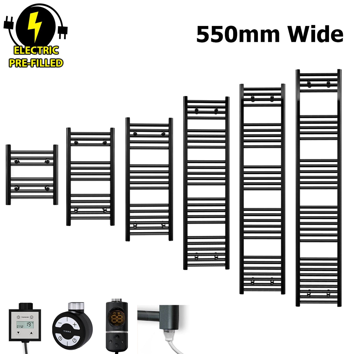 550mm Wide - Electric Heated Towel Rail Radiator - Flat Black - Straight