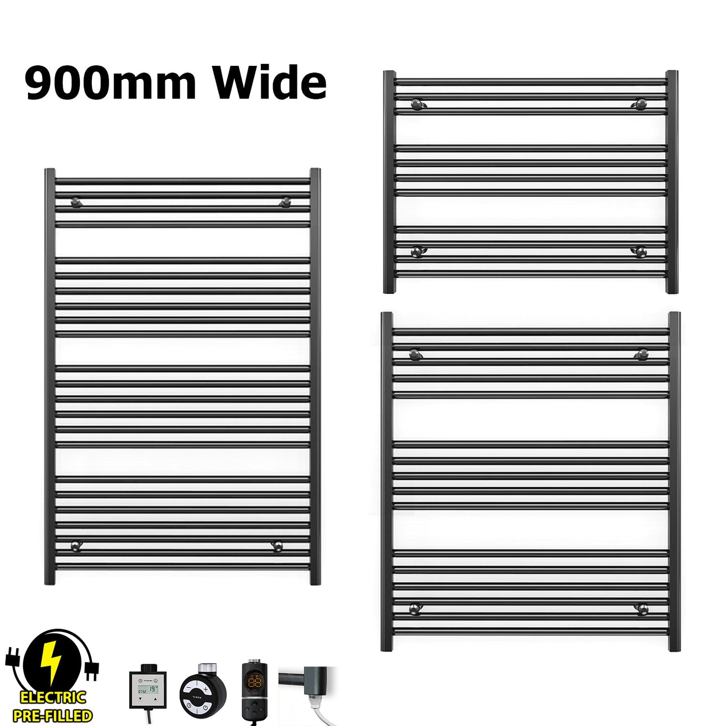 900mm Wide - Electric Heated Towel Rail Radiator - Flat Black - Straight