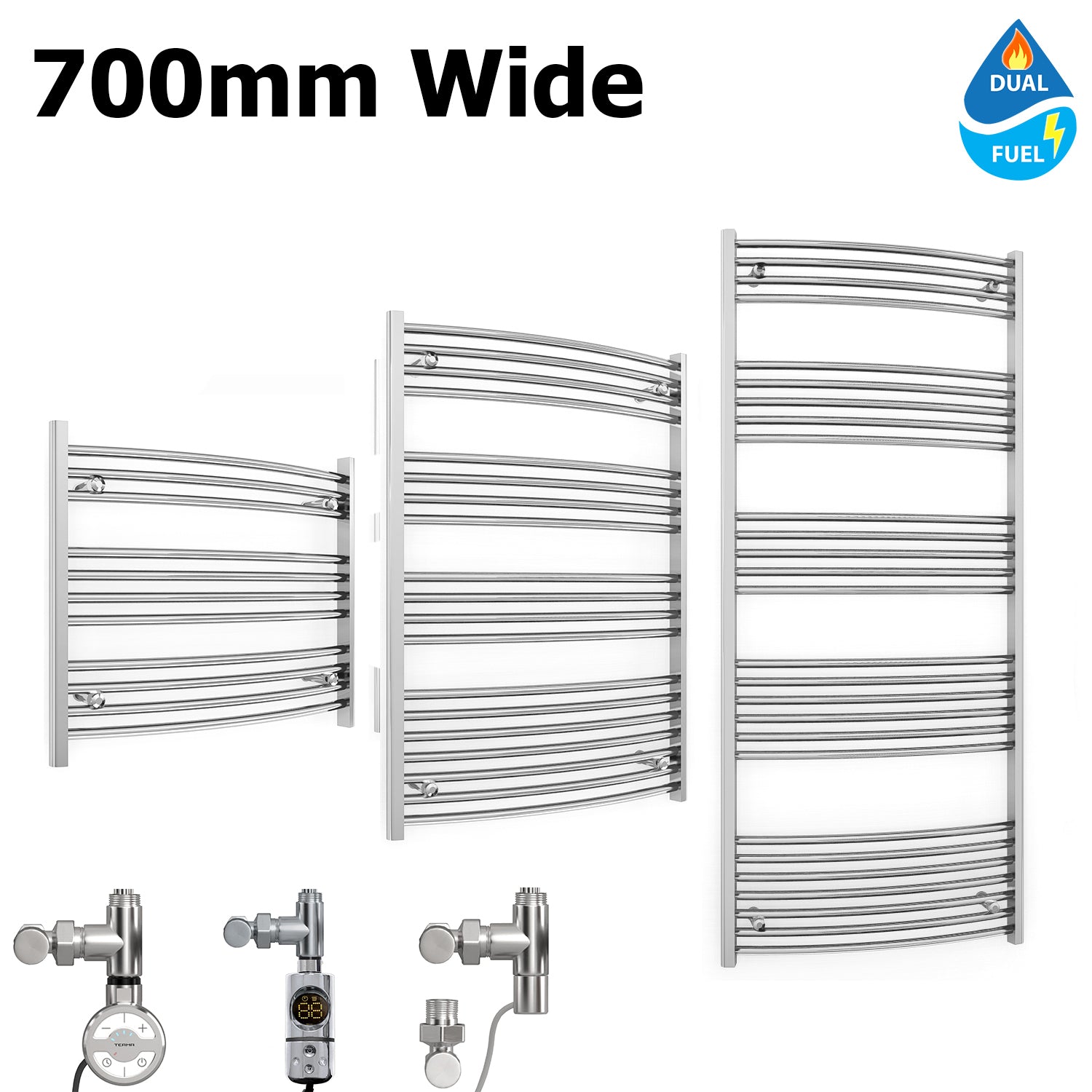 Dual Fuel - 700mm Wide - Curved Chrome- Heated Towel Rail Radiator ...