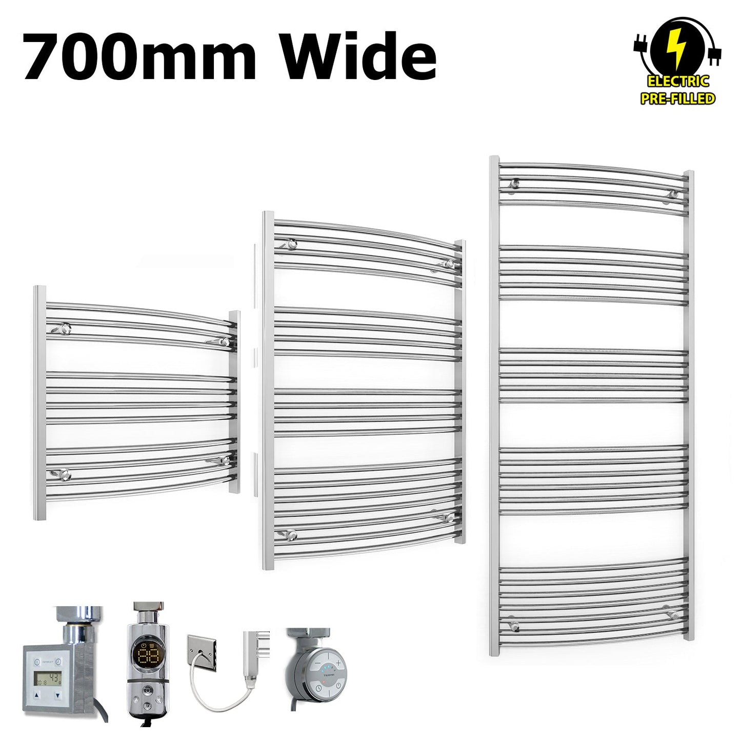 700mm Wide - Electric Heated Towel Rail Radiator - Chrome - Curved