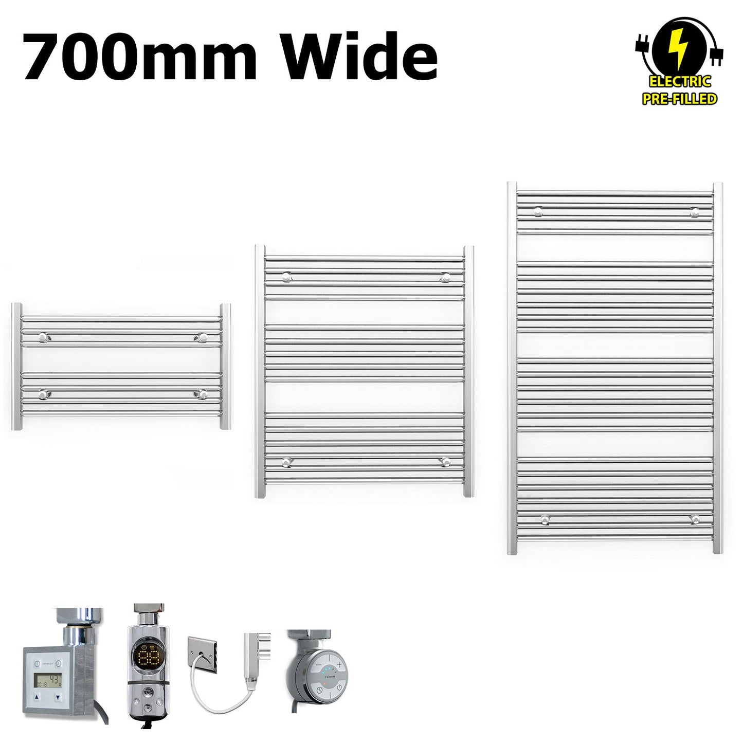 700mm Wide - Electric Heated Towel Rail Radiator - Flat Chrome - Straight