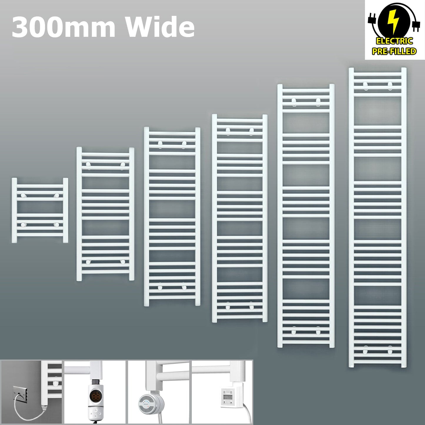 300mm Wide - Electric Heated Towel Rail Radiator - Flat White - Straight