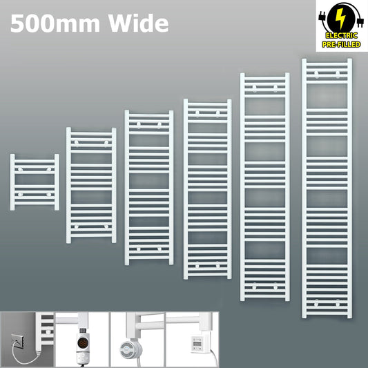 500mm Wide - Electric Heated Towel Rail Radiator - Flat White - Straight