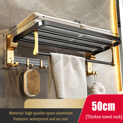  Gold Luxury Wall Mounted Towel Rail Holder - Bathroom Rack Shelf with Adjustable Hooks 