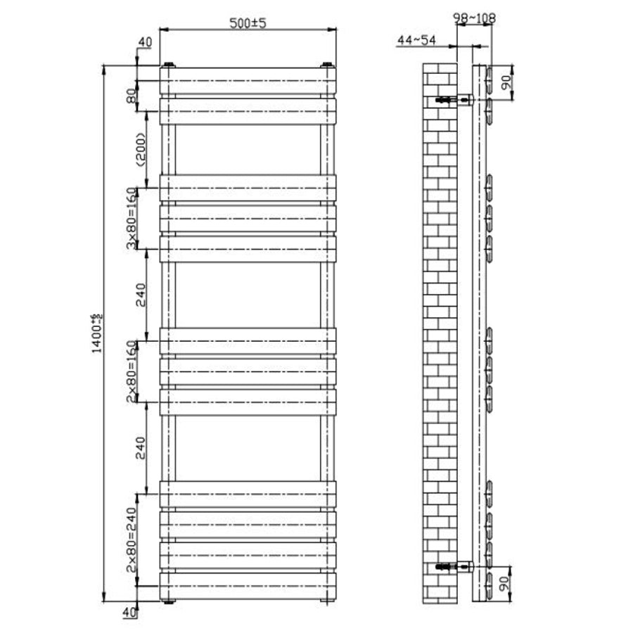 Dual Fuel -500 x 1200mm Straight Gold Panel Heated Towel Rail - (incl. Valves + Electric Heating Kit)