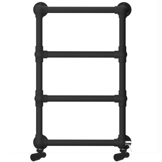 Dual Fuel Modern Matt Black Heated Towel Rail 500 x 750mm Charlotte (Incl. Valves + Electric Heating Kit)