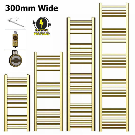300mm Wide - Electric Heated Towel Rail Radiator - Shiny Gold - Straight