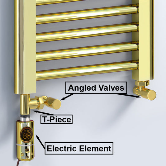 Small Dual Fuel 300mm x 900mm Shiny Gold Heated Towel Rail Radiator- (incl. Valves + Electric Heating Kit)