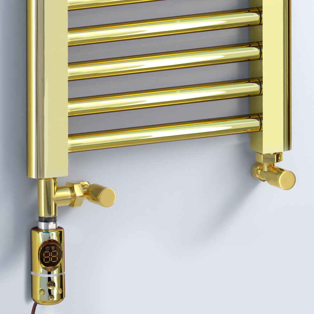Dual Fuel 300mm x 1600mm Shiny Gold Heated Towel Rail Radiator- (incl. Valves + Electric Heating Kit)