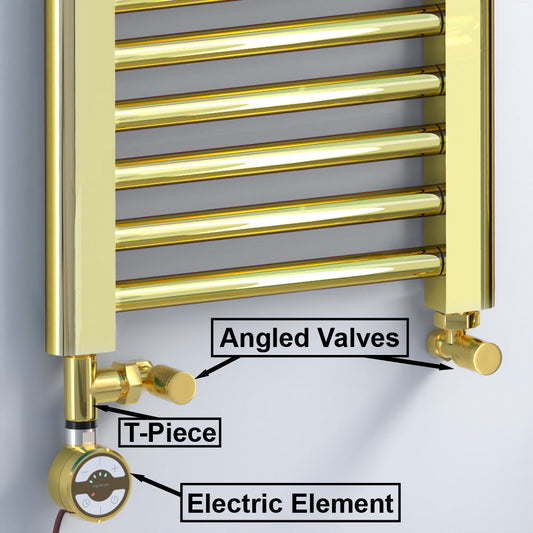 Small Dual Fuel 300mm x 600mm Shiny Gold Heated Towel Rail Radiator- (incl. Valves + Electric Heating Kit)