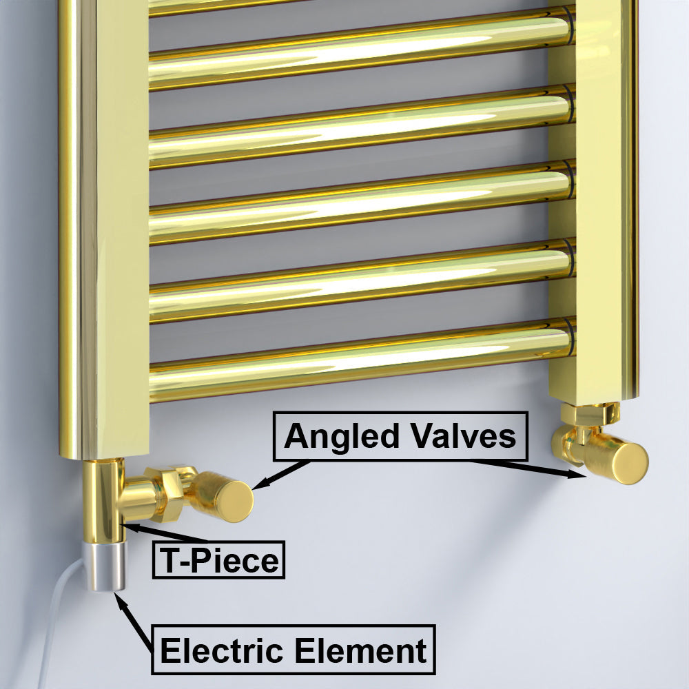 Dual Fuel 550mm x 1000mm Shiny Gold Heated Towel Rail Radiator- (incl. Valves + Electric Heating Kit)