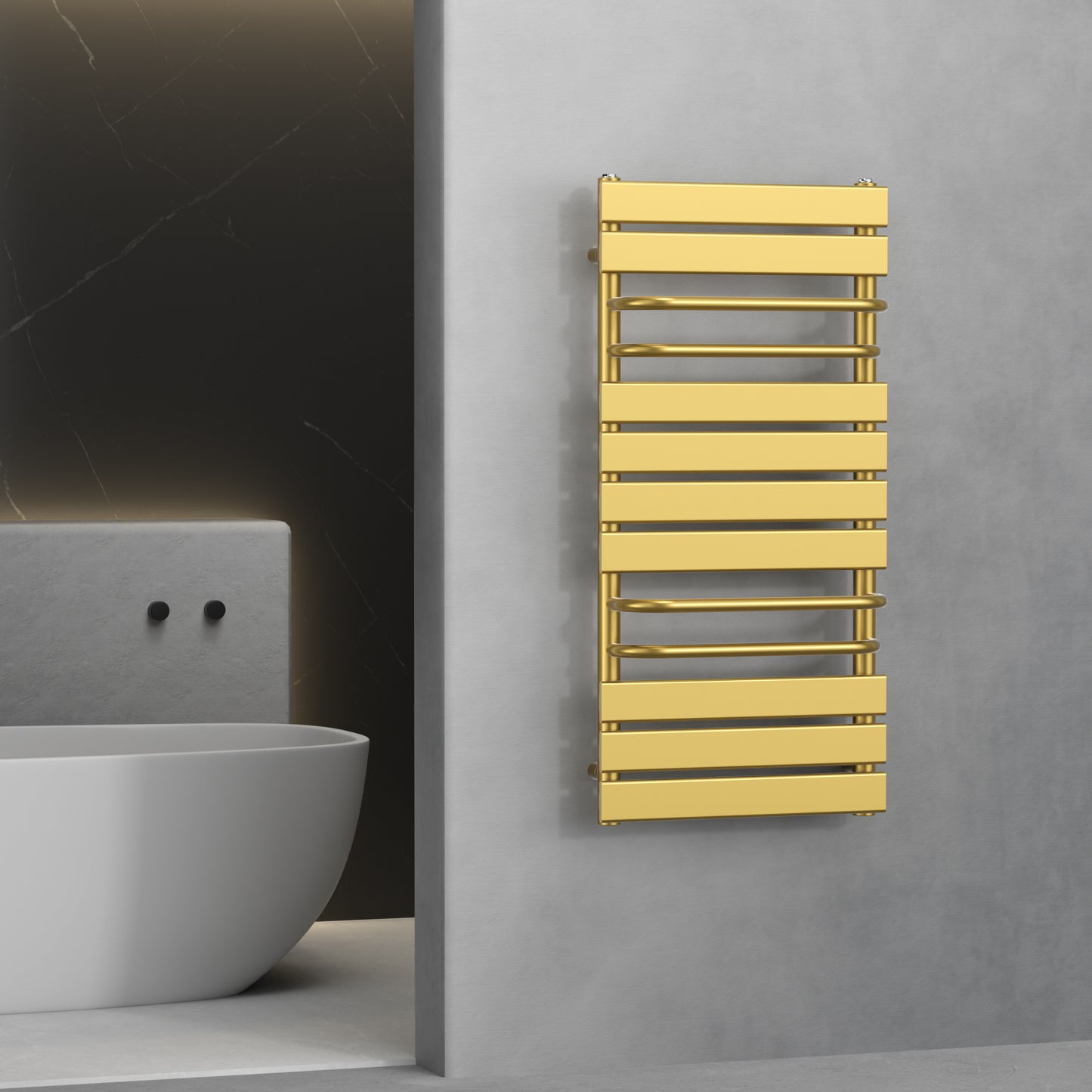 500mm Wide  x 1000 mm High Designer Flat Gold Heated Towel Rail Radiator With Towel Holders