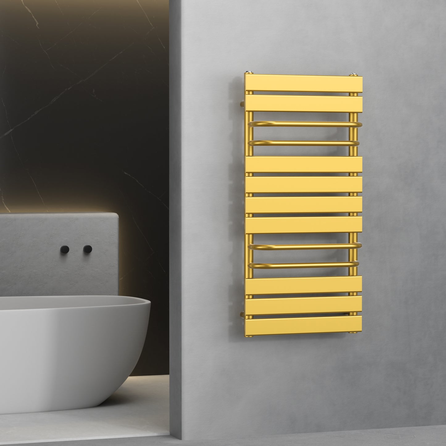 500 mm Wide  x 1000 mm High Designer Flat Gold Electric Heated Towel Rail Radiator With Towel Holders