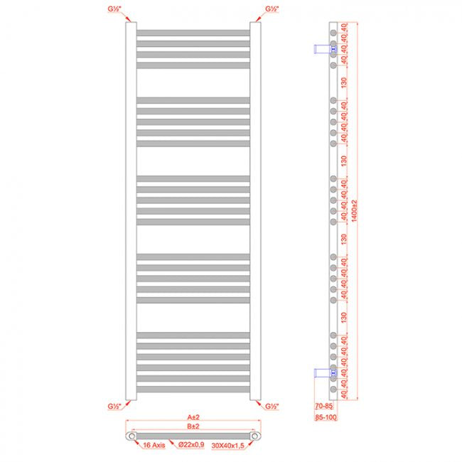 350mm x 1400mm Straight Matt Black Heated Towel Rail Radiator