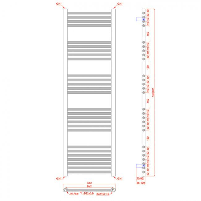 500mm x 1600mm Straight Matt Black Heated Towel Rail Radiator
