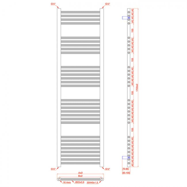 350mm x 1700mm Straight Matt Black Electric Pre-Filled Heated Towel Rail Radiator