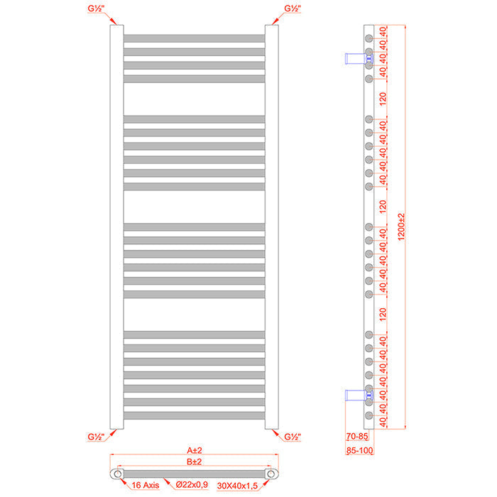 Dual Fuel 400mm x 1200mm Straight Matt Matt Black Heated Towel Rail - (incl. Valves + Electric Heating Kit)