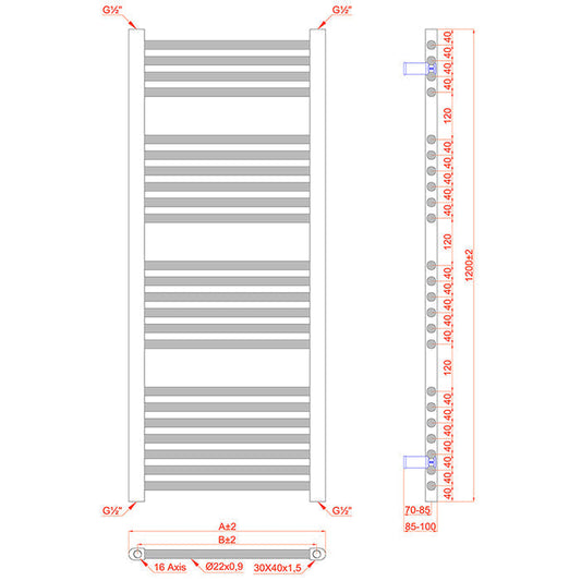 Dual Fuel 400mm x 1200mm Shiny Gold Heated Towel Rail Radiator- (incl. Valves + Electric Heating Kit)