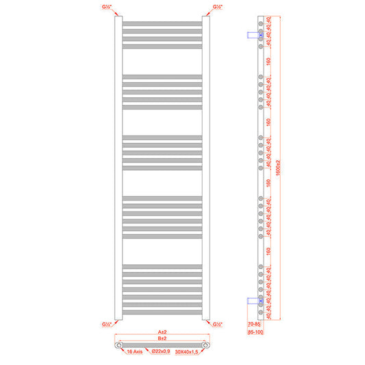 Dual Fuel 550mm x 1600mm Shiny Gold Heated Towel Rail Radiator- (incl. Valves + Electric Heating Kit)