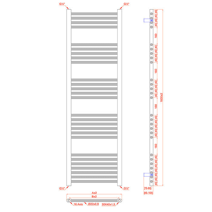 Dual Fuel 400mm x 1600mm Straight Matt Matt Black Heated Towel Rail - (incl. Valves + Electric Heating Kit)