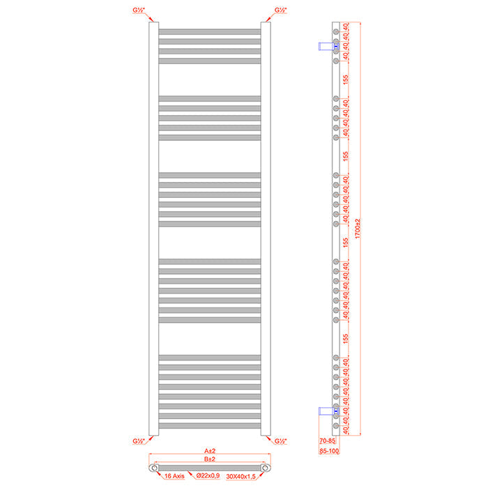 Dual Fuel 400mm x 1700mm Matt Matt Black Curved Heated Towel Rail - (incl. Valves + Electric Heating Kit)