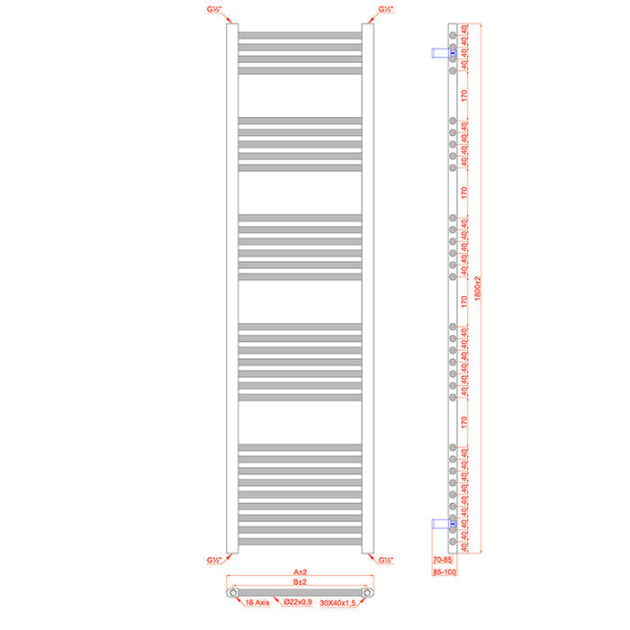 Dual Fuel 450mm x 1800mm Straight Matt Matt Black Heated Towel Rail - (incl. Valves + Electric Heating Kit)